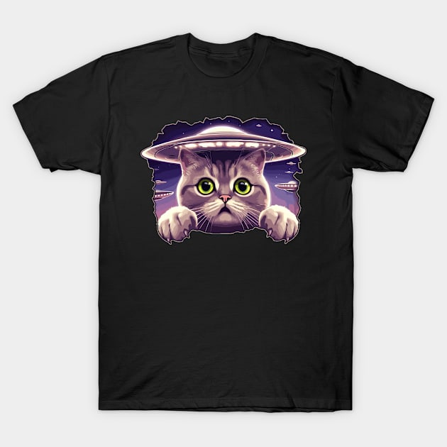 Funny Cat Selfie With UFOs Behind T-Shirt by KromADesign